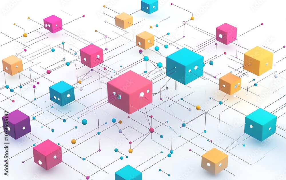 Leinwandbilder minimalist isometric network with vibrant blocks and dots connected by thin lines, set against a whi