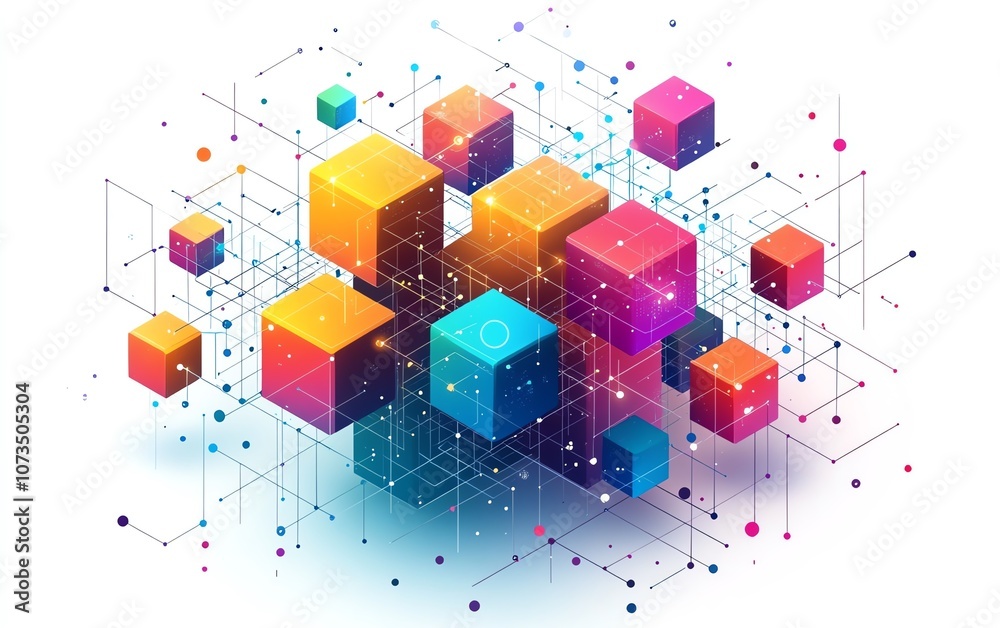 Fototapete minimalist isometric network with vibrant blocks and dots connected by thin lines, set against a whi