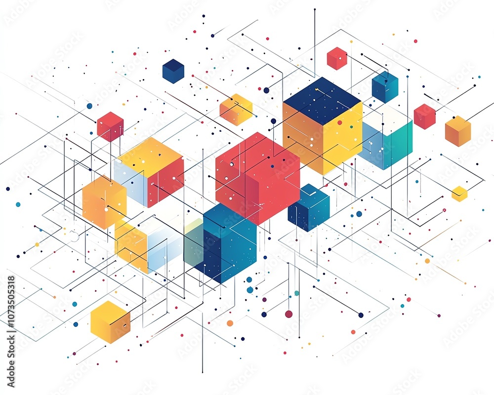 Poster Minimalist line art of an isometric network with colorful blocks and dots on a white background, clean and modern design, representing digital connections, Generative AI