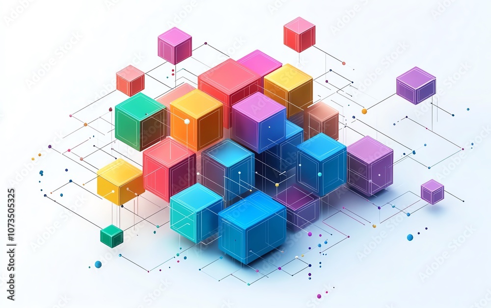 Poster Simple isometric network line art, colorful blocks and dots arranged on a white background, clean design symbolizing digital networks, Generative AI