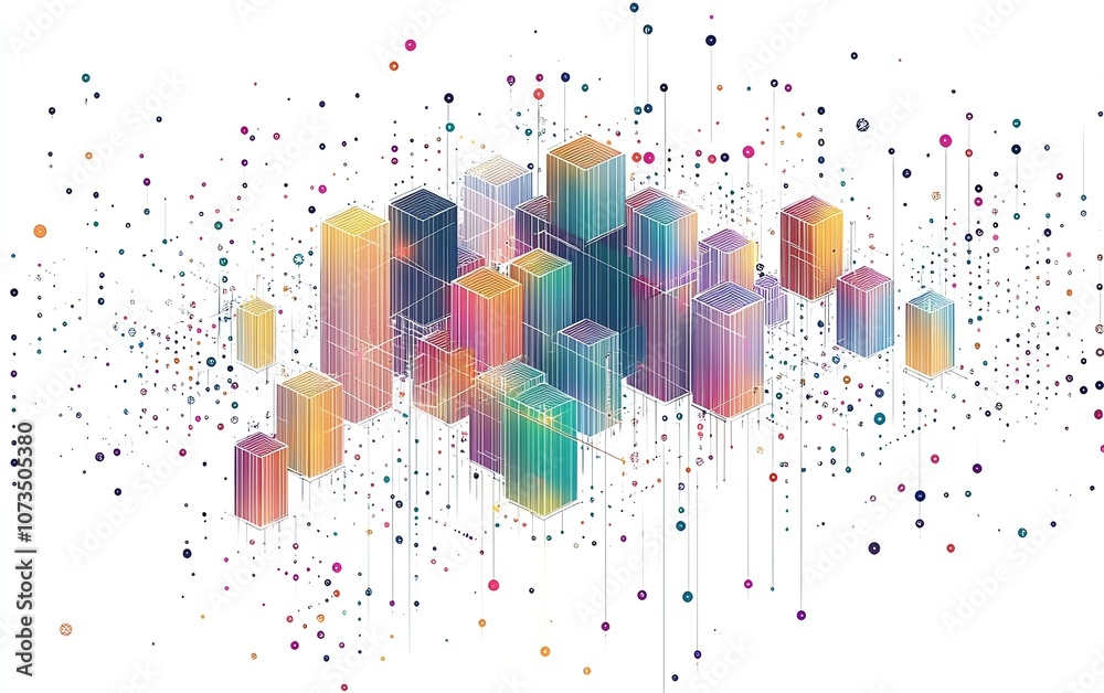 Aufkleber simple isometric network line art, colorful blocks and dots arranged on a white background, clean de