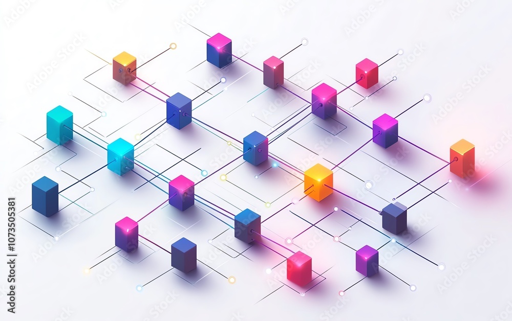 Poster simple isometric network line art, colorful blocks and dots arranged on a white background, clean de