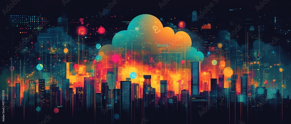 Poster a cloud surrounded by colorful digital icons, set against a futuristic city skyline, representing cl