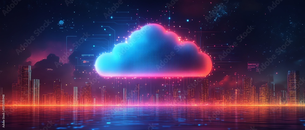 Poster a cloud surrounded by colorful digital icons, set against a futuristic city skyline, representing cl