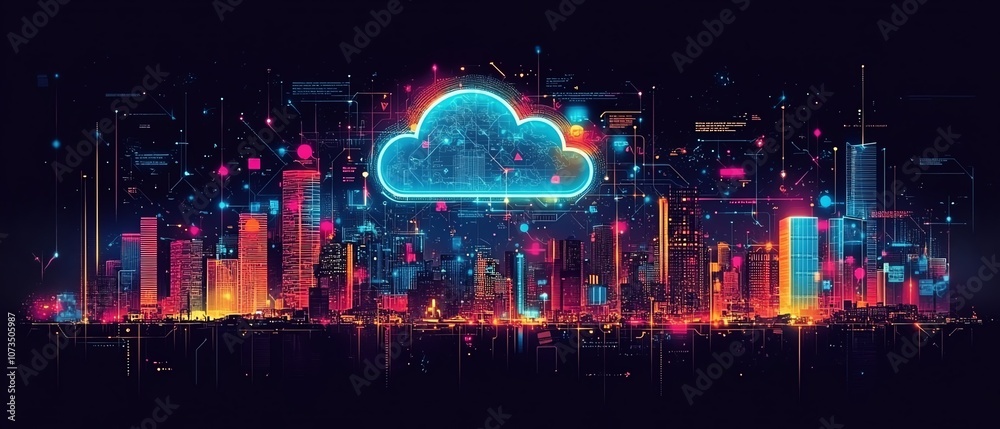 Poster a cloud surrounded by colorful digital icons, set against a futuristic city skyline, representing cl