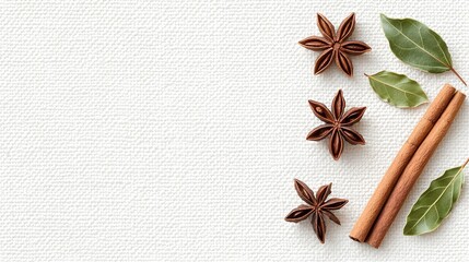 Aromatic star anise cinnamon sticks and fresh bay leaves arranged on a white textured background in a minimalist culinary inspired design