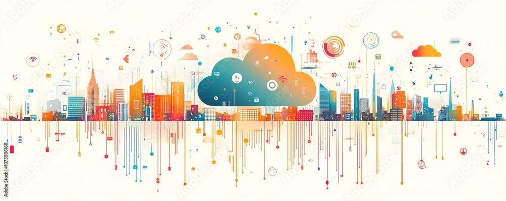 Leinwandbilder a digital cloud surrounded by floating icons, with a city skyline beneath, symbolizing the power of 