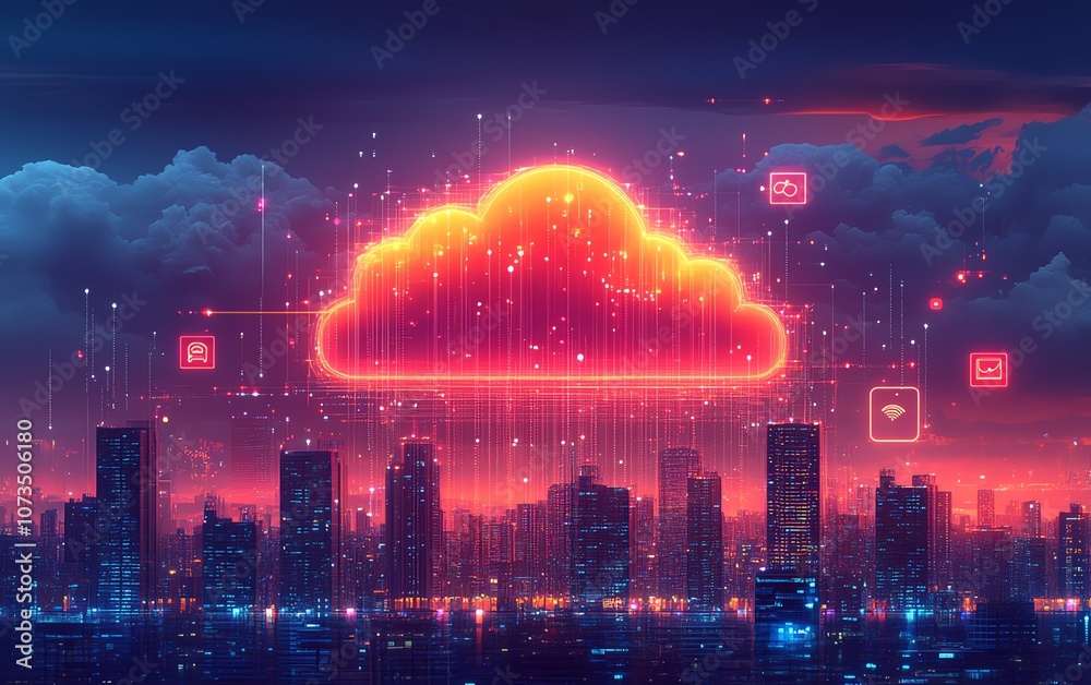 Poster a digital cloud surrounded by floating tech icons, above a bustling cityscape, representing the inte