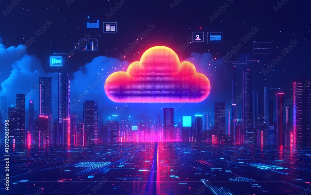 Poster a digital cloud surrounded by floating tech icons, above a bustling cityscape, representing the inte