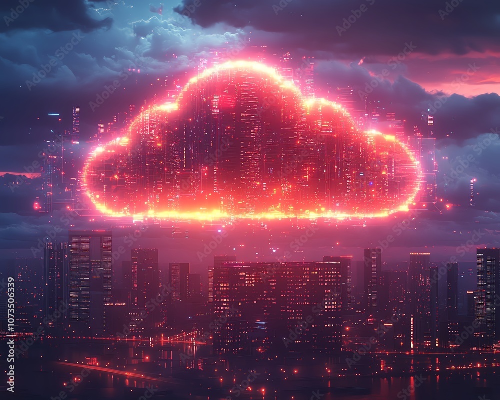 Poster a glowing cloud filled with digital icons, hovering above a modern city skyline, symbolizing the fut