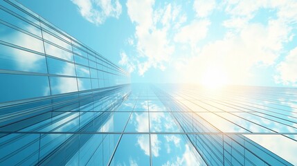 Low angle view of a modern skyscraper with a bright blue sky and white clouds.