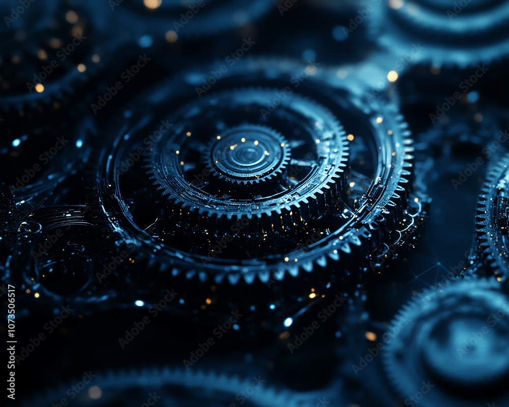 Aufkleber Abstract blue digital technology background with intricate gears and cogs, dark color palette, futuristic design, conveying precision and innovation, Generative AI
