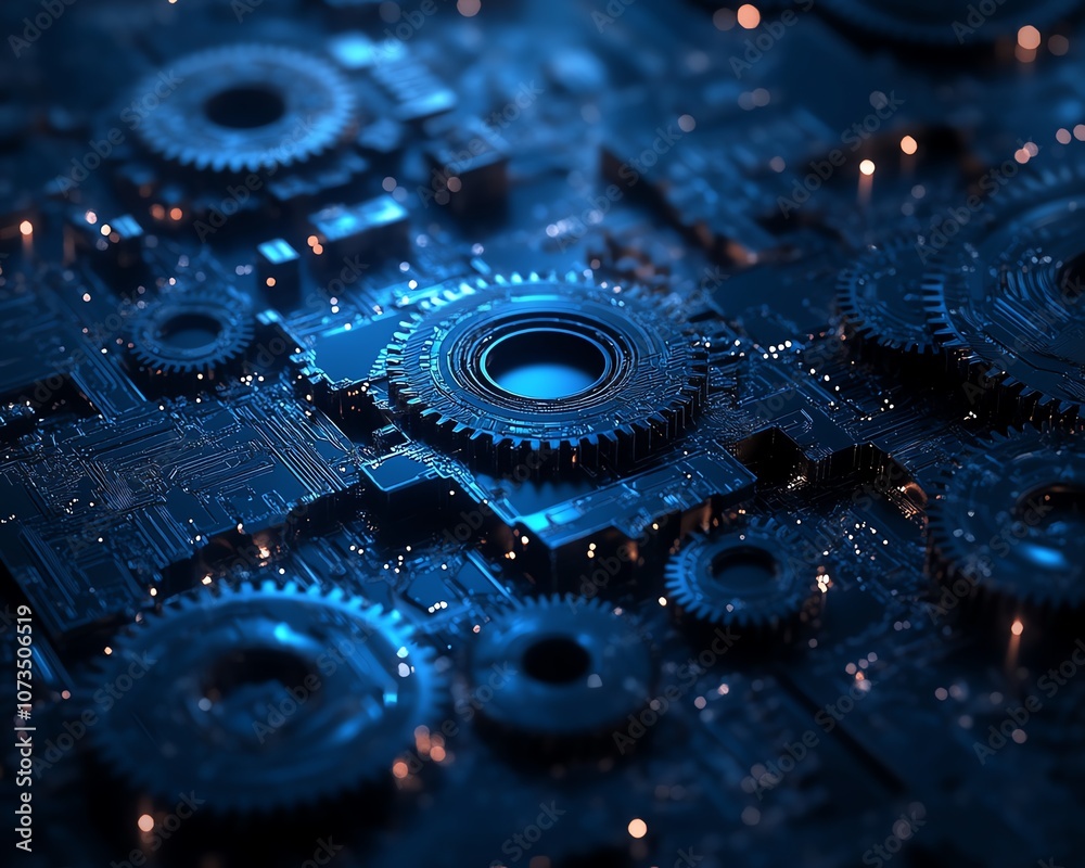 Poster abstract blue digital technology background with intricate gears and cogs, dark color palette, futur