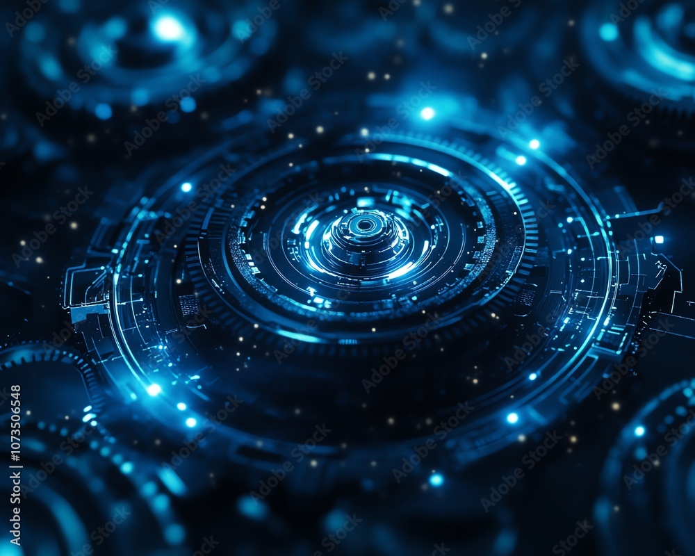 Leinwandbilder abstract blue digital technology background with intricate gears and cogs, dark color palette, futur