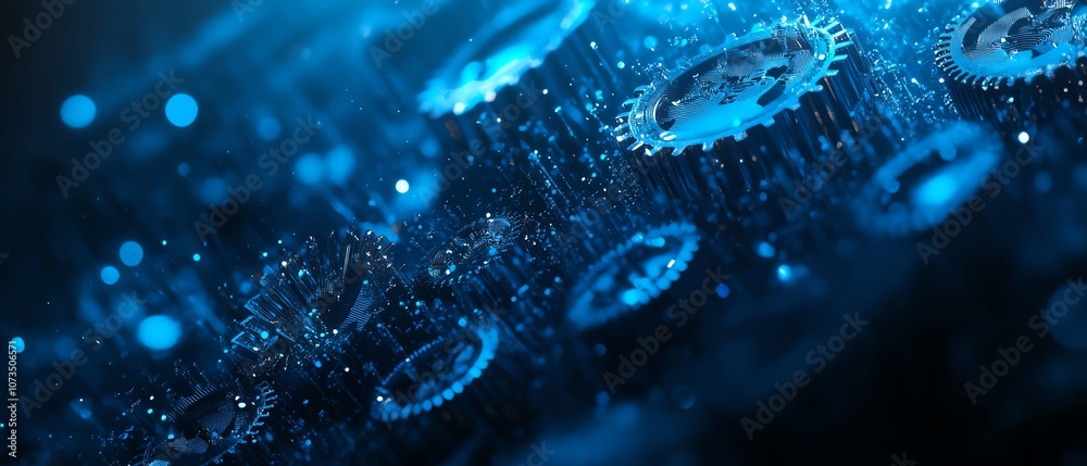 Poster abstract digital tech design in deep blue with gears and cogs, dark palette, conveying innovation, m