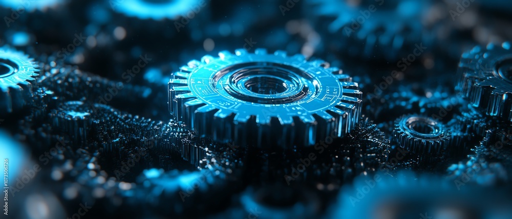 Poster Abstract digital technology backdrop in shades of blue, with interconnected gears and cogs, set against a dark color palette, representing advanced machinery, Generative AI