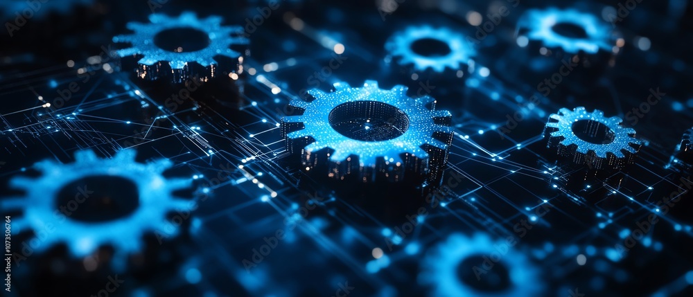 Leinwandbilder Abstract digital technology backdrop in shades of blue, with interconnected gears and cogs, set against a dark color palette, representing advanced machinery, Generative AI