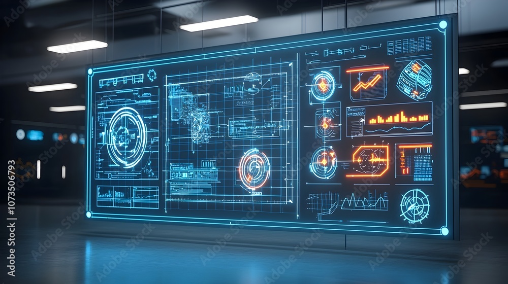 Poster groundbreaking blueprint with neon highlights showcasing innovative solution plans in a dark room se