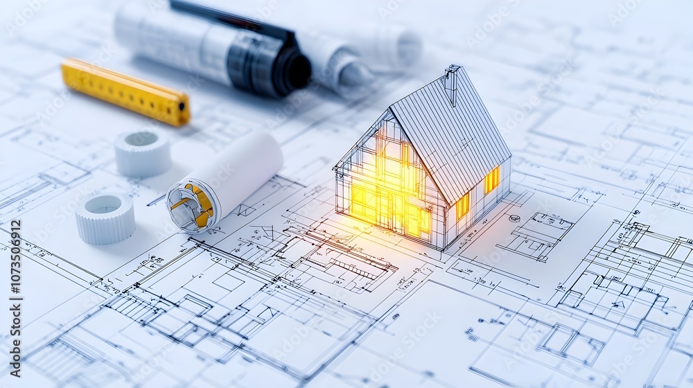 Aufkleber Innovative Blueprint with Glowing Architectural Lines Showcasing Cutting Edge Design Solutions for Modern Futuristic Structures and Architectural Concepts