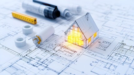 Innovative Blueprint with Glowing Architectural Lines Showcasing Cutting Edge Design Solutions for Modern Futuristic Structures and Architectural Concepts