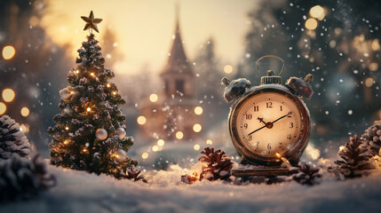 new year clock and snowflakes