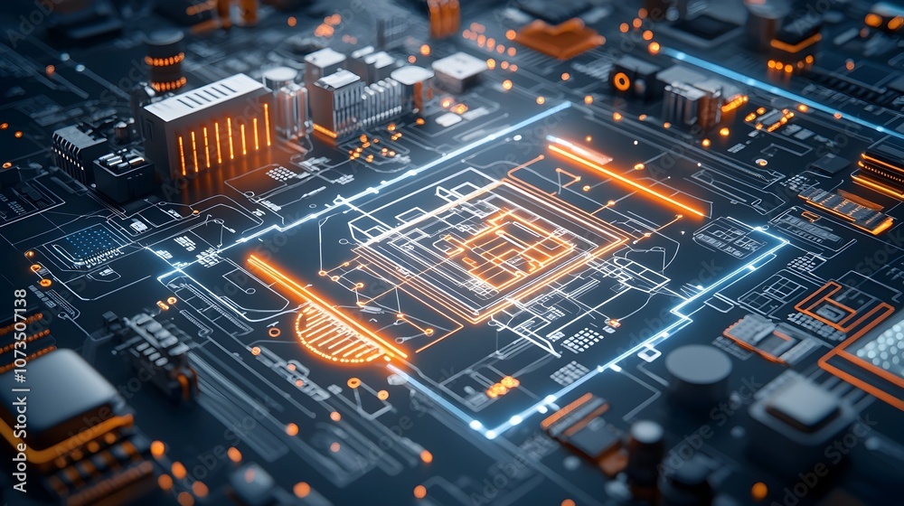 Poster Luminous pathways and intricate digital circuits forming a futuristic blueprint showcasing advanced technological solutions and innovative concepts for the future