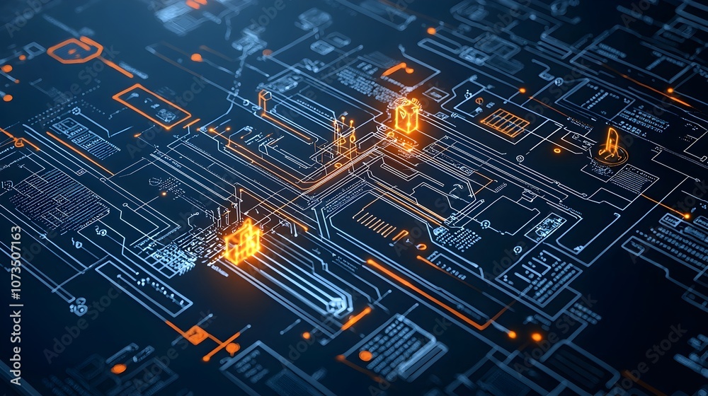 Aufkleber Luminous high tech blueprint with glowing pathways and geometric patterns representing advanced technological solutions and innovations