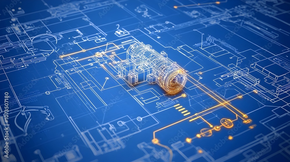 Poster Futuristic high tech blueprint featuring a complex network of luminous interconnected pathways representing advanced technology solutions and innovative concepts