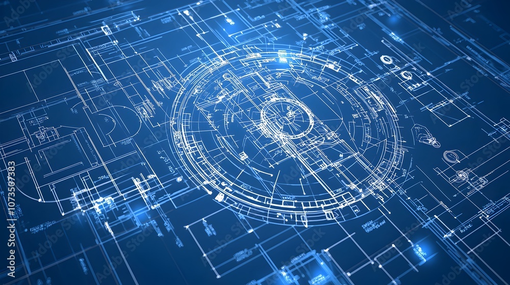 Poster Glowing Blueprint with Bright Accents Highlighting Progressive Architectural Design and Engineering Solutions for the Future  A Futuristic Visionary Concept for Cutting Edge
