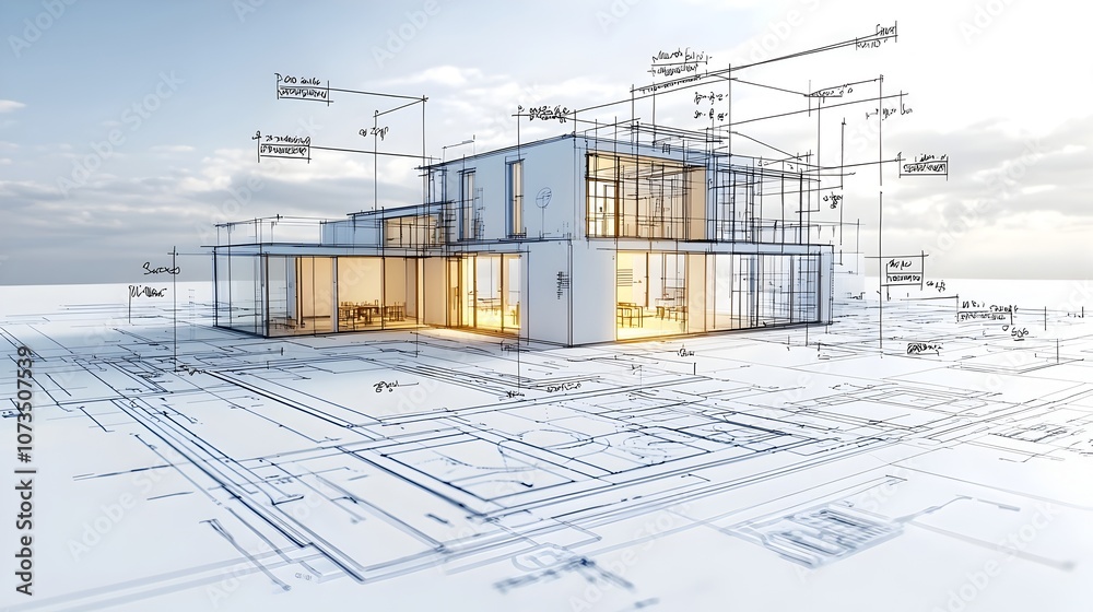 Poster luminous blueprint showcasing the outlines of contemporary architectural designs symbolizing innovat