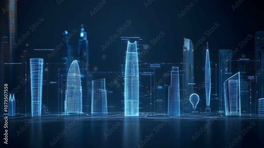 Poster glowing blueprint style showcasing the luminous outlines of modern futuristic buildings and structur