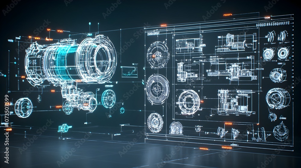 Poster Glowing blueprint against a dark background revealing intricate plans and schematics for developing new and innovative solutions through technology design and engineering