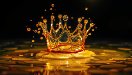 stunning gold splash forms crown shape, surrounded by droplets, creating captivating visual effect. rich colors and dynamic movement evoke sense of luxury and elegance