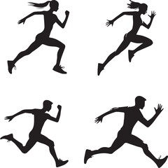 Dynamic Running Silhouettes of Male and Female Athletes in Action