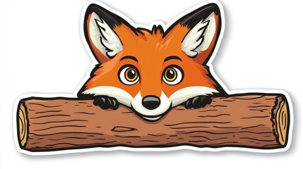 Obraz premium Cartoon Fox with Bright Eyes Peeking from Log