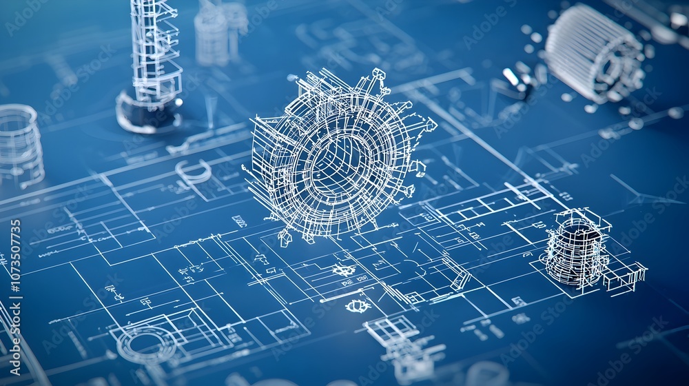 Aufkleber digitally rendered blueprint with glowing structural lines and shapes representing innovative ideas 
