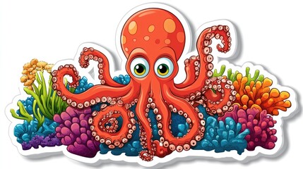 Obraz premium Colorful Cartoon Octopus Peeking from Coral Reef