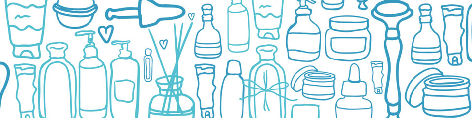 Skincare organic cosmetics bottle, eco cleanser, lotion facial gel, soap for face, oil scrub cream vector illustration, cream, serum. Body care. Hand drawn vector set. Organic cosmetics.