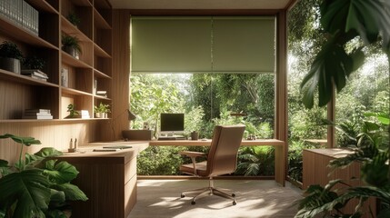 Fototapeta premium Modern home office with a view of lush greenery, featuring wooden furniture, a comfortable chair, and ample natural light for an inspiring work environment