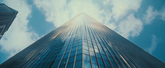 Low angle view of a skyscraper reaching towards a cloudy sky.
