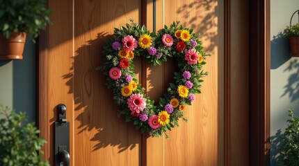 Heartshaped wreath made of vibrant flowers and greenery, beautifully hung on a rustic wooden door.