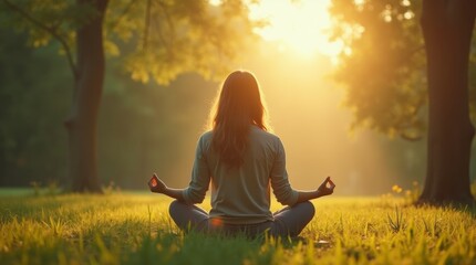 Woman practicing mindfulness meditation in a serene outdoor setting, surrounded by nature.