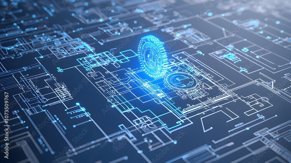 Poster Digitally rendered blueprint with highlighted areas glowing in a bright blue hue symbolizing innovation technological progress and the forward thinking vision for the future
