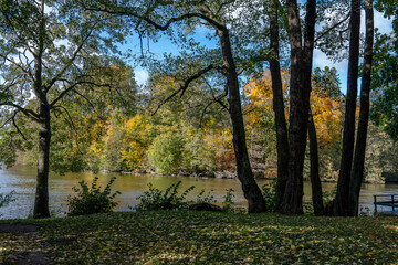 Fototapeta premium Waterfront park Åbackarna along Motala stream during October 2024 in Norrköping, Sweden. Norrköping is a historic industrial town.