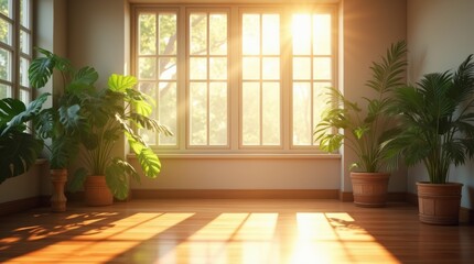A photorealistic image showcasing a sunlit room with sunlight streaming through large windows, casting warm rays on the wooden floor. 