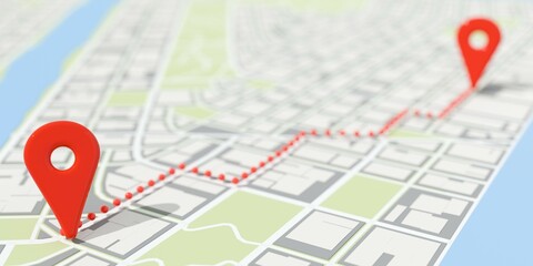Fototapeta premium Two red location markers and route on abstract flat city map background, travel, navigation, route finding or gps location concept, selective focus