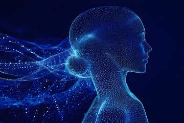 A woman’s body depicted in a philosophical style against a dark blue background