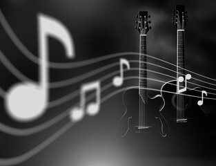 Musical background. Guitars and acoustic notes. Dark music wallpaper. Playing music on guitar. Sheet music for classical melodies. Musical background for album of guitar player. Concert, performance