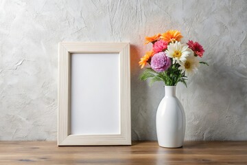 Sophisticated 11x14 wood frame mockup showcasing a white vase with artificial flower on a textured white table, ideal for minimalist decor ideas and inspiration.