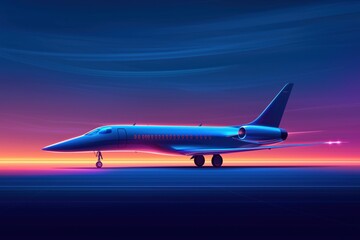 Obraz premium A sleek jet gracefully glides through a vibrant twilight sky, showcasing luxury and modern design in mid-flight.